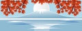 Panorama of autumn season red maple leaf with Fuji mountain in Japan world famous landmarks. Design paper cut style vector illustr