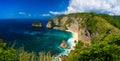 Panorama Azure beach with rocky mountains and clear water of Indian ocean at sunny day