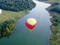 Panorama of balloon flight from altitude in summer in good weather above the river