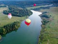 Panorama of balloon flight from altitude in summer in good weather over the field and houses