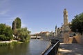 Panorama of the bank of River Crisul Repede from Oradea City in Romania. Royalty Free Stock Photo