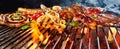 Panorama banner of assorted meat grilling on a BBQ