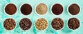 Panorama banner with assorted varieties of coffee Royalty Free Stock Photo