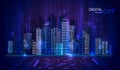 Panorama banner of Digital City at twilight in cool blue tones with lights illuminated in the high-rise buildings of the