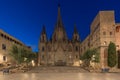 Panorama of Barcelona Cathedral of the Holy Cross and Saint Eulalia during morning blue hour, Barri Gothic Quarter in Barcelona, Royalty Free Stock Photo