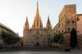 Panorama of Barcelona Cathedral of the Holy Cross and Saint Eulalia during sunrise, Barri Gothic Quarter in Barcelona, Catalonia, Royalty Free Stock Photo