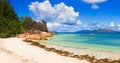 Panorama of beach on island Curieuse at Seychelles Royalty Free Stock Photo