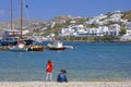 Panorama of beach in Mykonos town, Greece Royalty Free Stock Photo