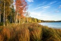 Panorama of beautiful autumn landscape with lake and forest on the Bank of Russia, the Urals Royalty Free Stock Photo
