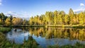 Panorama of beautiful autumn landscape with lake and forest on the Bank of Russia, the Urals Royalty Free Stock Photo