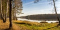 Panorama of beautiful autumn landscape with lake and forest on the Bank of Russia, the Urals Royalty Free Stock Photo