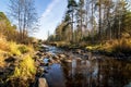 Panorama of beautiful autumn landscape with lake and forest on the Bank of Russia, the Urals Royalty Free Stock Photo