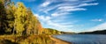 Panorama of beautiful autumn landscape with lake and forest on the Bank of Russia, the Urals Royalty Free Stock Photo