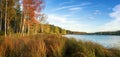 Panorama of beautiful autumn landscape with lake and forest on the Bank of Russia, the Urals Royalty Free Stock Photo