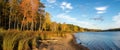 Panorama of beautiful autumn landscape with lake and forest on the Bank of Russia, the Urals Royalty Free Stock Photo