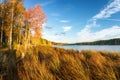 Panorama of beautiful autumn landscape with lake and forest on the Bank of Russia, the Urals Royalty Free Stock Photo