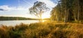 Panorama of beautiful autumn landscape with lake and forest on the Bank of Russia, the Urals Royalty Free Stock Photo