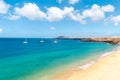 Panorama of beautiful beach and tropical sea of Lanzarote. Canaries Royalty Free Stock Photo