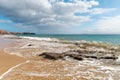 Panorama of beautiful beach and tropical sea of Lanzarote. Canaries Royalty Free Stock Photo