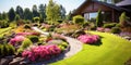 Panorama of beautiful landscaped home garden in summer, luxury design of house backyard or yard. Scenery of tiled path, flowers Royalty Free Stock Photo