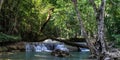 Panorama of a beautiful waterfall in the dense forest of Erawan National park in Thailand