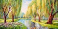 Panorama of beautiful spring landscape with willow trees and lake. Horizontal oil painting, impasto