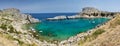 Panorama of the Beautiful St. Paul`s bay near the town of Lindos, Rhodes, Greece Royalty Free Stock Photo