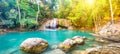 Panorama of beautiful waterfall in wild rainforest in Erawan National park, Thailand