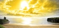 Panorama of a Beautiful yellow sun over the Ballybunion beach Royalty Free Stock Photo