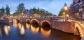 Panorama of beautifull Amsterdam canals with bridge, Holland Royalty Free Stock Photo