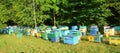 Panorama of colorful beehives for honey bee raw linden honey.