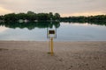 Panorama of bela crkva lakes at dusk with calm water and sunny sky and a water rescue seat. Also called Belocrkvanska jezera, they