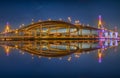 Panorama The Bhumibol Bridge, Chao Phraya River Bridge. Turn on the lights in many colors at night. Royalty Free Stock Photo
