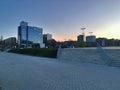 Panorama of the big city. Tall buildings and skyscrapers on the horizon. Evening city.