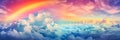 Panorama of a big summer field shined with the sun, with clouds and rainbow in the sky on background Royalty Free Stock Photo