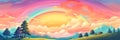 Panorama of a big summer field shined with the sun, with clouds and rainbow in the sky on background Royalty Free Stock Photo