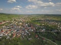 Panorama from a bird`s eye view. Central Europe: The Polish town of Kolaczyce is located among the green hills. Temperate climate.