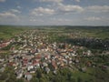 Panorama from a bird`s eye view. Central Europe: The Polish town of Kolaczyce is located among the green hills. Temperate climate.