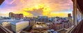 Panorama bird view over city with sunset and clouds in the evening.Copy space.Bangkok.Pastel tone.