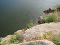 Panorama of blooming spring nature on the rocky shores of the Dnieper island of Khortytsia. Royalty Free Stock Photo