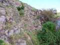 Panorama of blooming spring nature on the rocky shores of the Dnieper island of Khortytsia. Royalty Free Stock Photo