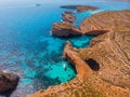 Panorama of Blue Lagoon Comino Malta. Cote Azur, turquoise clear water with white sand. Aerial view Royalty Free Stock Photo