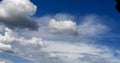 Panorama blue sky clouds pattern on daylight with copy space. Cumulus cloudscape air climate sunny day. Blue sky fluffy white Royalty Free Stock Photo