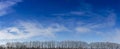 Panorama of blue sky, liquid blurred clouds, cream of trees without leaves in winter in the forest
