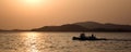 Panorama of a boat at sunset.