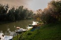 Panorama of an boats and ships, rowing boats, and small motorboats resting in the neglected shore of the tamis timis river in Royalty Free Stock Photo