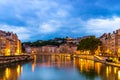 Panorama of the Bondy and Saint Vincent docks on the Saone, at dusk, in Lyon, in the Rhone, France