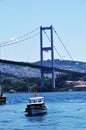 Panorama of the Bosphorus. View of the bridge, fishing boat.