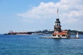 Panorama of the Bosphorus. View of the maiden island and the large ocean ship.