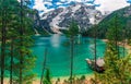 Panorama of Braies Lake in Dolomites mountains, Sudtirol, Italy. Beautiful Alpine lake Lago di Braies